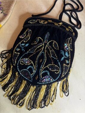 Indolink Beaded Velvet Bag . Embroidered. Fringe